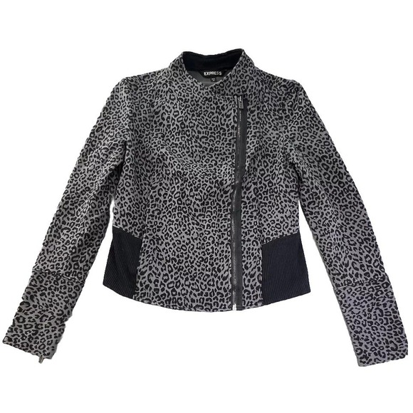 Express Jackets & Blazers - Express‎ Womens Cheetah Print Jacket Petite Small Asymmetrical Full Zip Blk/Gray